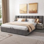 Lit coffre rembourr� t�te large capitonn�e design moderne et �l�gant evryae 160x200 cm velours gris