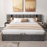 Lit coffre - sans table de chevet - avec lampe directionnelle et chargement usb - gris