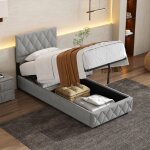 Lit coffre simple 90x200 cm en velours gris clair avec t�te de lit capitonn�e et rangement hydraulique ...
