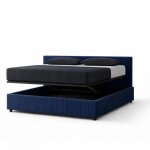 Lit coffre avec t�te de lit - sampur - 140x190 cm - velours c�tel� bleu nuit - ouverture horizontale ...