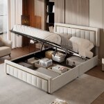 Lit coffre en velours blanc cass� 140x190 cm lit double avec bordure dor�e coffre hydraulique et sommier ...