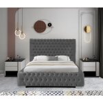 Lit coffre en velours capitonne avec tte de lit - saba 2 - gris - contemporain - design - a lattes