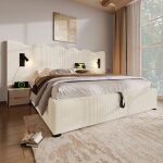 Lit coffre en velours c�tel� beige avec liseuse orientable et ports usb - c
