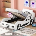Lit coffre voiture pour enfant - blanc - 90x200cm - avec sommier  lattes - espace de rangement - 1 place ...