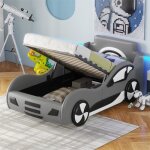 Lit coffre voiture pour enfant - gris - 90x200cm - avec sommier  lattes - espace de rangement - 1 place ...