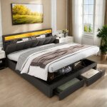 Lit coffre160x200 - kilisky - t�te de lit led r�glable et rangement - lit double adulte avec 2 tiroirs ...