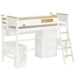Lit combin� mezzanine enfant 90x200 cm avec protection antichute table et penderie �tag�res ouvertes ...
