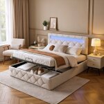 Lit complet double lit coffre 140x190 sommier relevable avec rangement led t�te de lit r�glable style ...