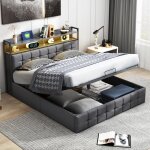 Lit coffre 140x190 - t�te de lit avec rangement et usb - hydraulique rangement - lin gris - lumi�res ...