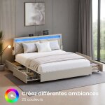 Lit complet et sommier 140 x 190 cm avec led 4 tiroirs avec multiprise t�te de lit ajustable sans matelas ...