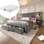 Lit complet - oem - 160x200 cm - t�te de lit lumineuse usb - 2 tables de nuit - 4 tiroirs de rangement ...