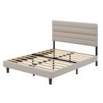 Lit 2 places rembourr� cadre en bois massif et m�tal t�te de lit ajustable lit avec sommier beige