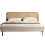 Lit adulte 140x190 cm en velours côtelé beige avec tête de lit en cannage - dalia Lit adulte 140x190 cm en velours côtelé beige avec tête de lit en cannage - dalia