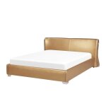 Lit design en cuir double 180x200 or paris - beliani - a lattes - jaune - bois massif