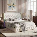 Lit double - 140 � 200 cm - �clairage led rgb - v�rin � gaz avec rangement - tissu velours beige - style ...