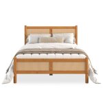 Lit double 140 x 190 cm cefira couleur ch�ne t�te & pied de lit en rotin tress� en bois massif