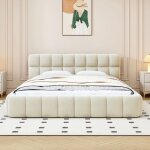 Lit double 140 x 190 cm - ravas - sommier � lattes - lit rembourr� - t�te de lit souple - lin - beige ...