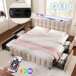 Lit double 140 x 200 cm avec prises et ports usb - 4 tiroirs - avec sommier à lattes - éclairage led ... Lit double 140 x 200 cm avec prises et ports usb - 4 tiroirs - avec sommier à lattes - éclairage led ...