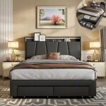 Lit double 140 x 200 cm - t�te de lit rabattable - �clairage led et port usb - 2 tiroirs - sommier hydraulique ...