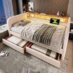 Lit double 140x190 cm avec �tag�res rangement 2 tiroirs et t�te de lit led usb c rembourr�e lin beige ...