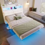 Lit double 140x190 cm avec led prises usb / usb - c 2 tables de chevet coulissantes sommier � lattes ...