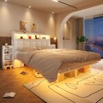 Lit double 140x190 cm led usb type - c 2 tiroirs rangement m�tal 30 cm sans matelas blanc