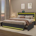 Lit double 140x190 cm - luminarix - avec led et usb - 4 tiroirs - t�te de lit en lin - gris