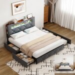 Lit double 140x190 cm avec sommier � lattes lit rembourr� avec 4 tiroirs et led cadre de lit adulte 140x190 ...