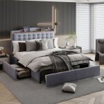 Lit double 140x190 cm - t�te de lit - 4 tiroirs - usb - lin gris