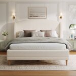 Lit double 140x190 cm tissu boucl� blanc ivoire t�te de lit oreilles incurv�e sommier lattes solides ...