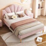 Lit double 140x190 cm en velours avec t�te de lit coquille pieds dor�s et sommier � lattes r�glable en ...