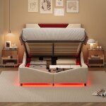 Lit double - 140x190 design signature - coffre � pistons - led 7 couleurs contr�lable - t�te de lit capitonn�e ...