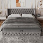 Lit double 140x190 oreiller capitonn� � rivets flanelle fond imperm�able noir gris - sans matelas