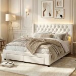 Lit double 140x190 velours beige - led rgb + 2 tiroirs - t�te de lit capitonn�e avec rivets & usb - sommier ...