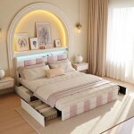 Lit double 140x190 - velours blanc - 4 tiroirs de rangement - �clairage rgb - design scandinave