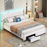 Lit double 140x190cm avec sommier � lattest�te de lit avec led et usb lit coffre 2 tiroirs tissu en velours ...