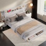 Lit double 140x200 cm capitonn� avec rangement et tiroirs t�te de lit avec led et port usb lit coffre ...