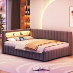 Lit double 140x200 cm design l avec �clairage led port usb sommier � lattes velours gris sans matelas ...