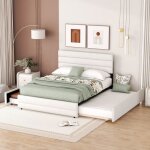 Lit double 140x200 cm - lit gigogne adulte avec tiroirs extensibles et rangement d?appoint - lin blanc ...