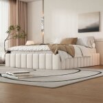 Lit double 140x200 cm - minimaliste - beige - avec sommier à lattes - 4 tiroirs de rangement Lit double 140x200 cm - minimaliste - beige - avec sommier à lattes - 4 tiroirs de rangement