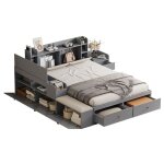 Lit double 140x200 cm - avec rangement pratique et banc coffre tiroirs lat�raux inclus - gris