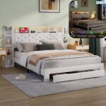 Lit double 140x200 cm - ravas - t�te de lit avec rangement - �clairage led - blanc - velours