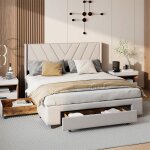 Lit double 140x200 cm tissu effet lin beige t�te de lit avec tiroirs sommier � lattes chambre adulte