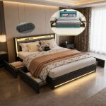 Lit double 140x200 cm - uttqew - lit adulte avec led et usb (2usb et 1type - c) - lit 2 place avec 4 ...