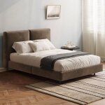 Lit double 140x200 cm en velours marron fonc� t�te de lit rembourr�e cadre avec sommier � lattes design ...
