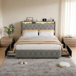 Lit double 140x200 avec led - prises usb / type - c - 4 tiroirs - t�te de lit - cadre de lit adolescent ...