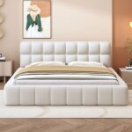 Lit double 140x200 rembourr� - dossier moelleux et bordure - sommier lattes lin b�ige - pour jeune et ...