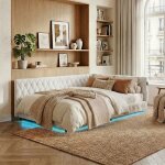 Lit double 140x200 tissu bouclette beige + led & usb / type - c. t�te de lit rembourr�e. style moderne ...
