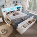 Lit double 140x200cm bois blanc rangements led usb tiroirs banquette �tag�res sommier lattes chambre ...