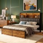 Lit double - 140x200cm - �clairage led rgb - prise usb - 2 tiroirs - rangement de t�te de lit - cadre ...